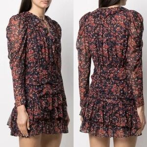 ULLA JOHNSON Cecily Ruffle Long Sleeve Metallic Silk Minidress In Cosmos Size 2